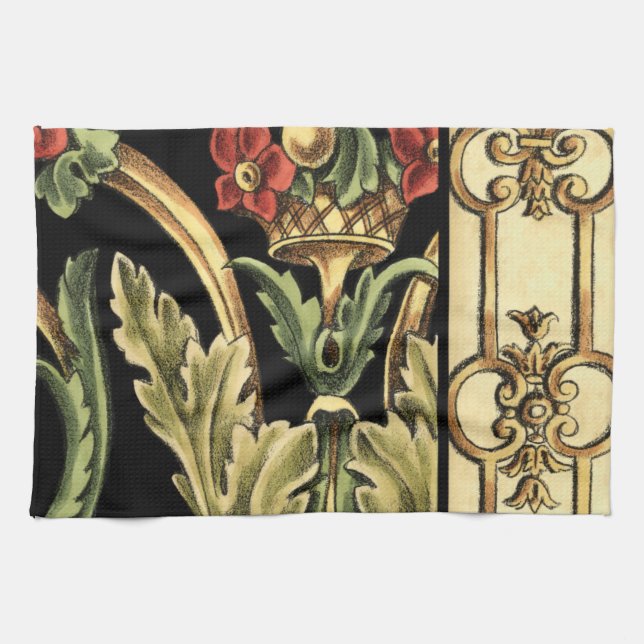 Linge De Cuisine Design floral ornemental aux frontières noires (Horizontal)