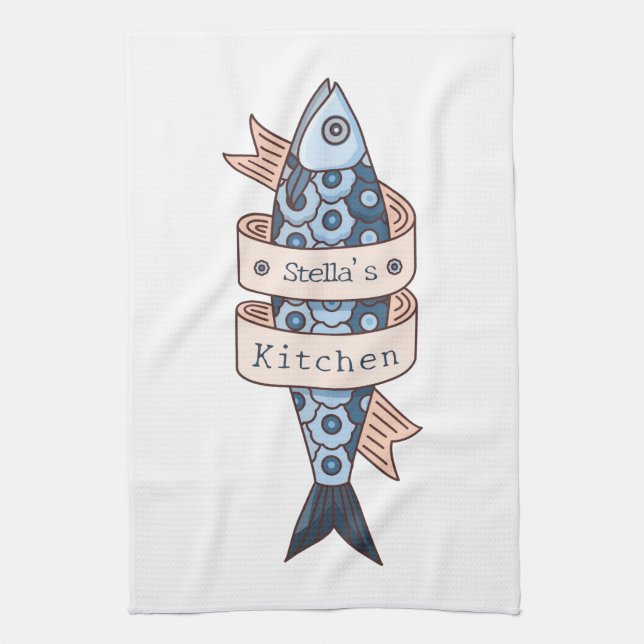 Linge De Cuisine Dessin de ligne de sardine personnalisé (Vertical)