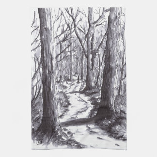 Linge De Cuisine dessin de paysage d'encre de chemin forestier