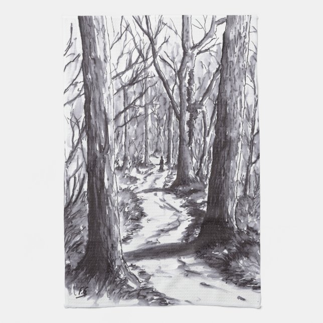 Linge De Cuisine dessin de paysage d'encre de chemin forestier (Vertical)