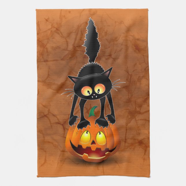 Linge De Cuisine Dessin d'Halloween au chat effrayé sur Citrouille (Vertical)