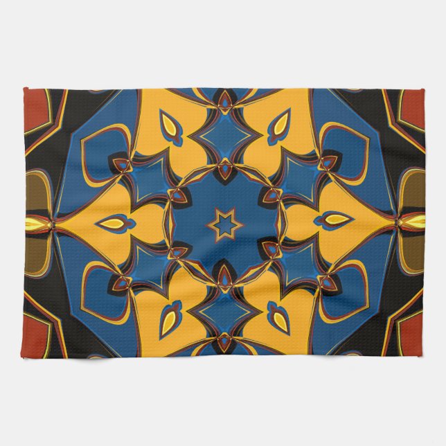 Linge De Cuisine Dessin Mandala Fleur jaune bleu et orange (Horizontal)