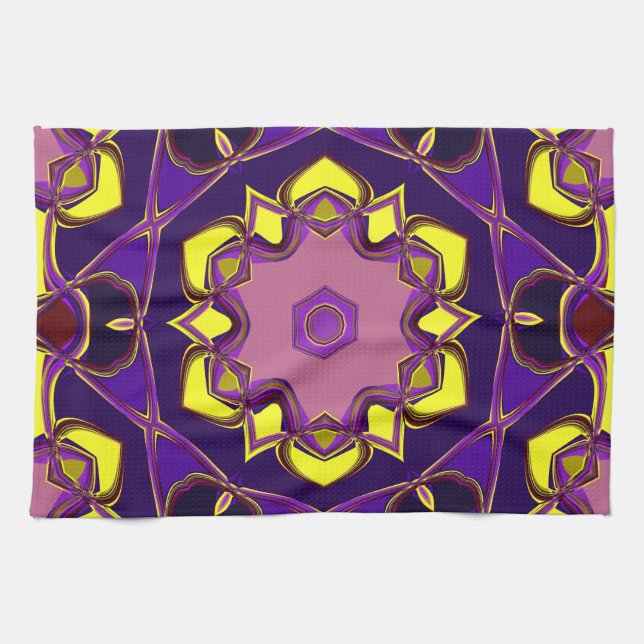 Linge De Cuisine Dessin Mandala Flower jaune et violet (Horizontal)