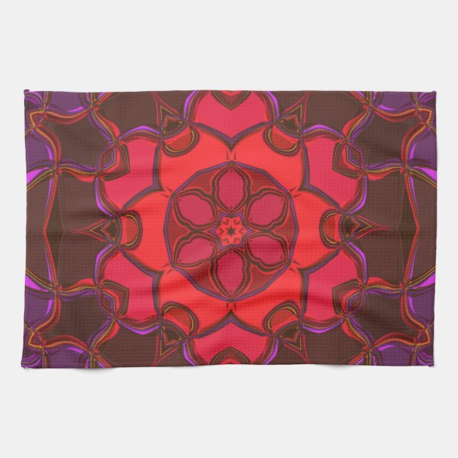 Linge De Cuisine Dessin Mandala Flower rouge rose et violet (Horizontal)