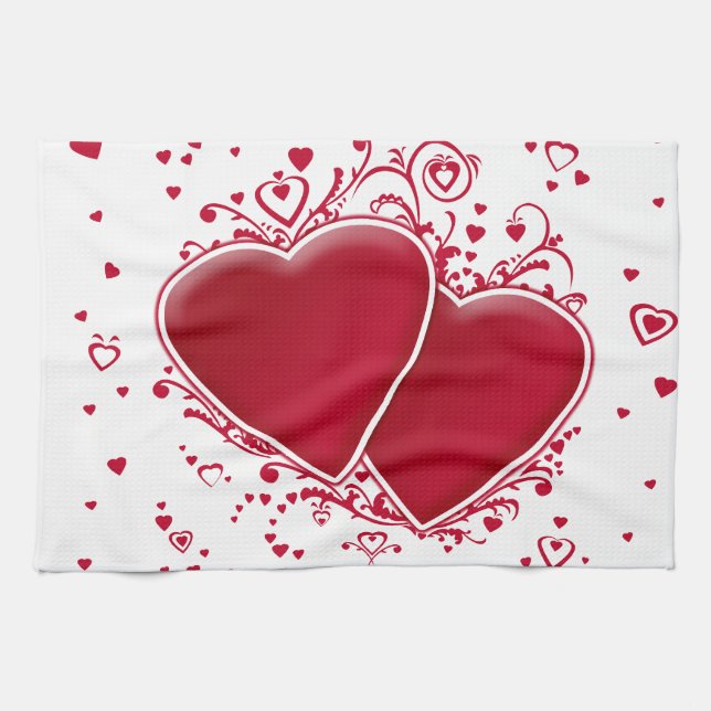 Linge De Cuisine Deux Coeurs rouges pour la Saint-Valentin (Horizontal)