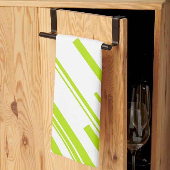 Linge De Cuisine Diagonales - Lime vert et blanc (Pliage en tiers)