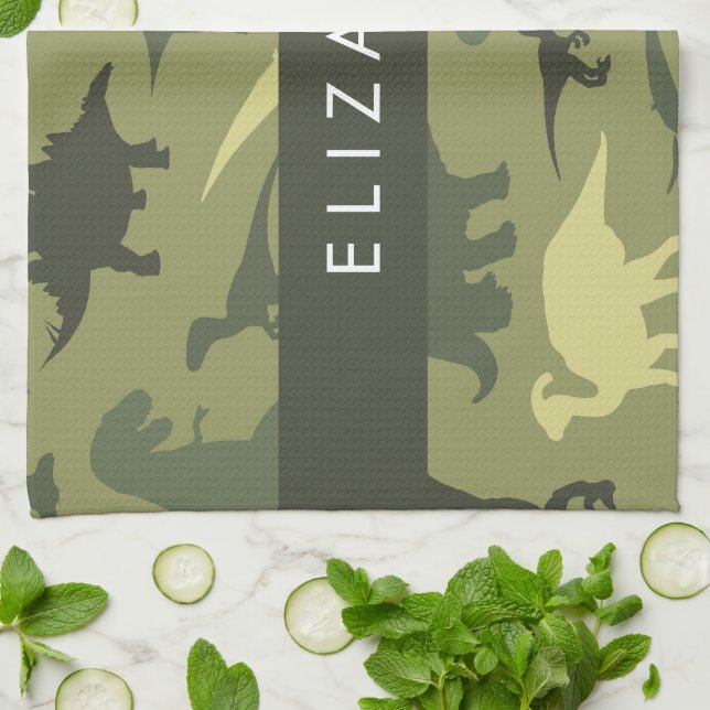 Linge De Cuisine Dinosaure Motif, Dinosaur Silhouette, Votre Nom (Plié)