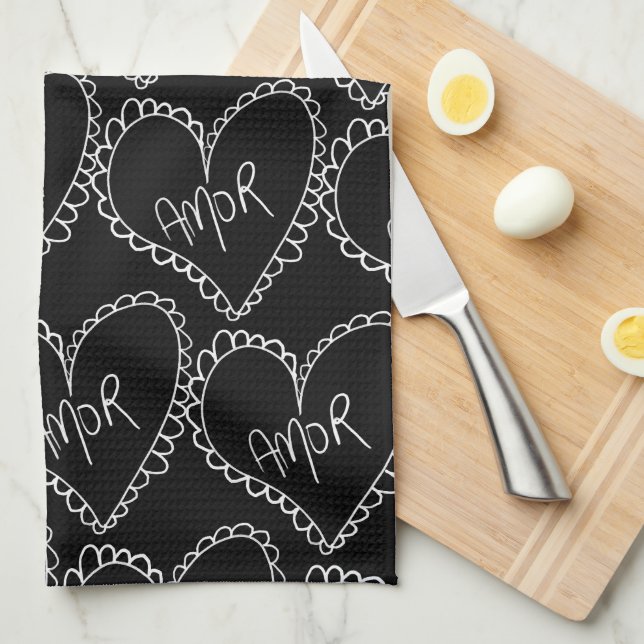 Linge De Cuisine Doodles Black Hearts Valentines Day Red (Quart Plié)