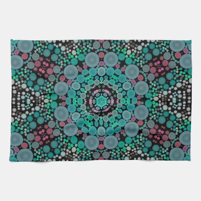 Linge De Cuisine Dot Mandala Fleur vert bleu et rouge (Horizontal)