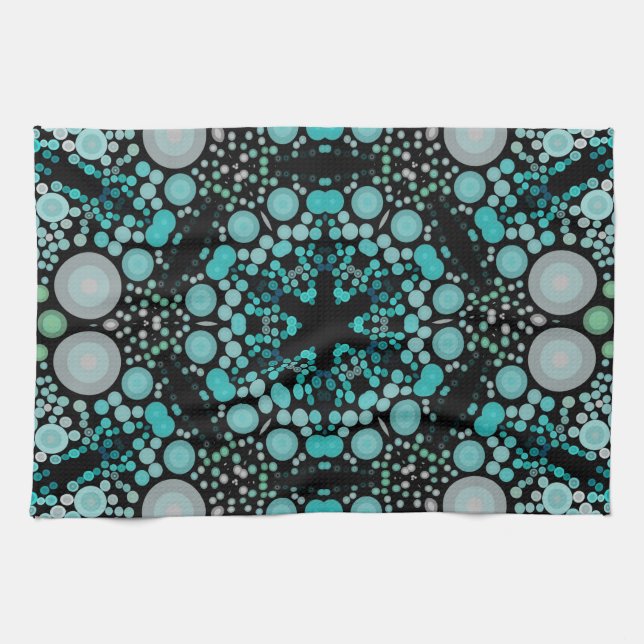 Linge De Cuisine Dot Mandala Flower bleu vert et gris (Horizontal)