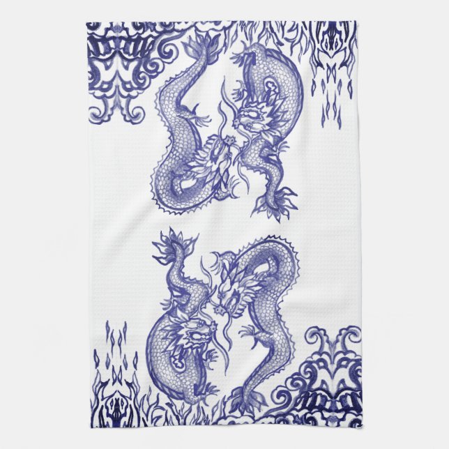 Linge De Cuisine Dragon bleu oriental blanc chinois Feu et eau (Vertical)