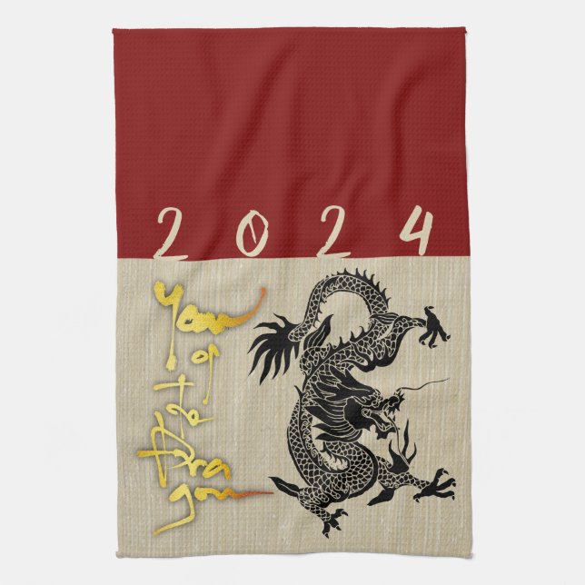 Linge De Cuisine Dragon de Nouvel An Chinois Noir coupé en papier Z (Vertical)