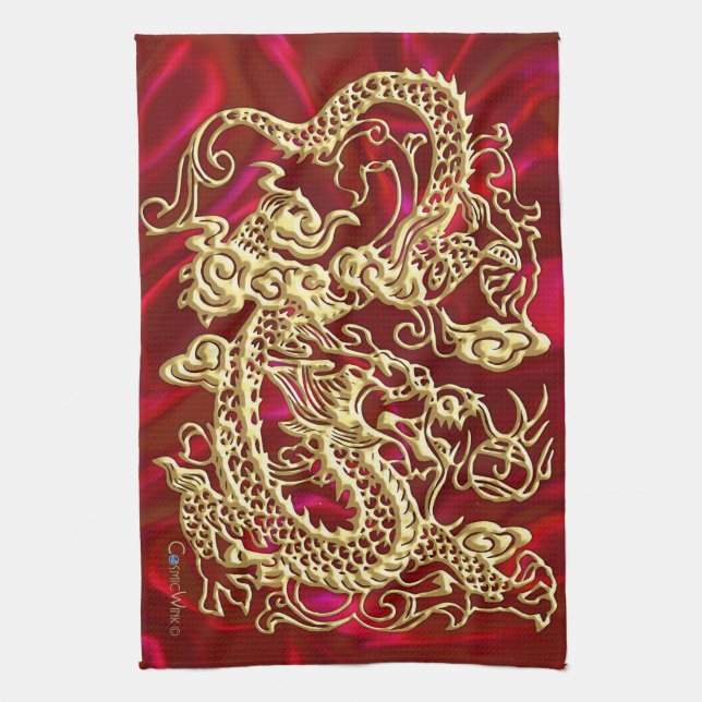 Linge De Cuisine Dragon d'or embouti sur papier satin rouge (Vertical)