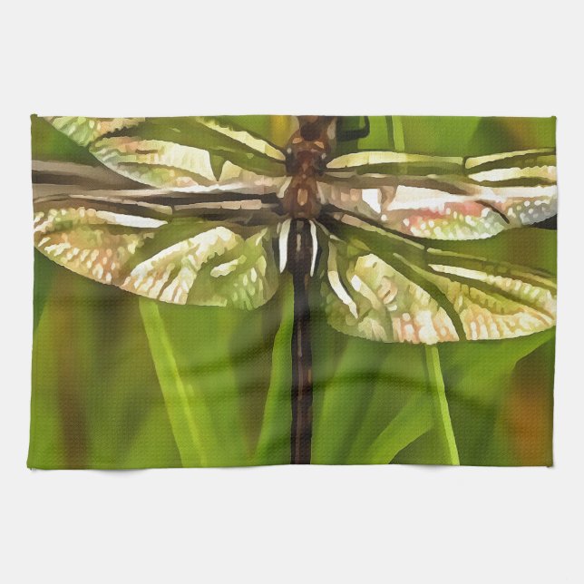 Linge De Cuisine Dragonfly Artistique En Brown Et Jaune Sur Vert (Horizontal)