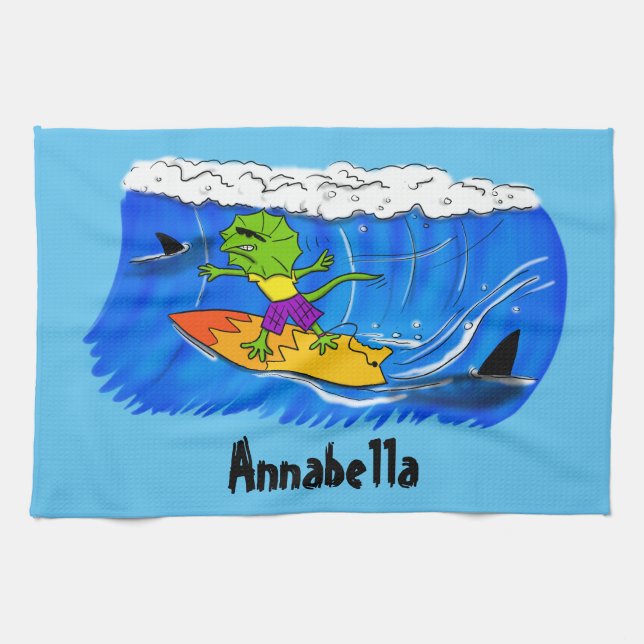 Linge De Cuisine Drôle caricature de surf de lézard au cou (Horizontal)