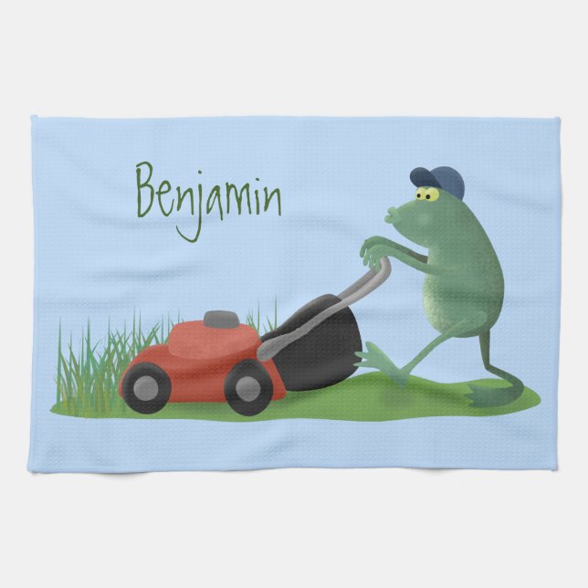 Linge De Cuisine Drôle grenouille verte tondre la pelouse dessin (Horizontal)