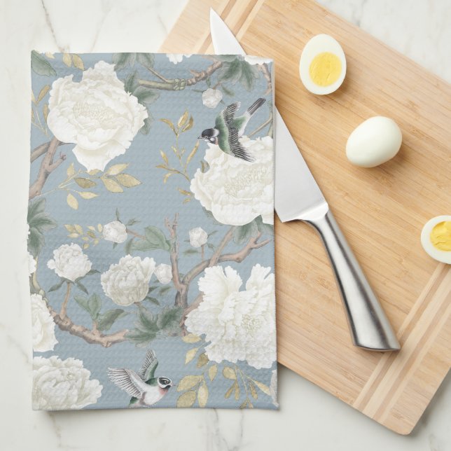 Linge De Cuisine Dusty Blue White Chinoiserie Floral Porcelaine (Quart Plié)