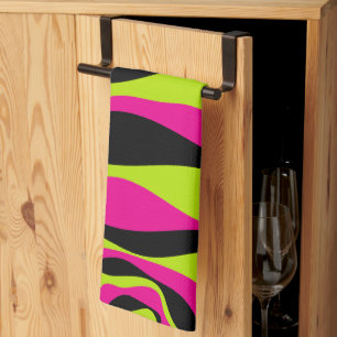 Linge De Cuisine Ebb et flux 4 en Lime vert, rose chaud et noir