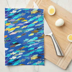 Linge De Cuisine École de poisson, bleu foncé, blanc et turquoise