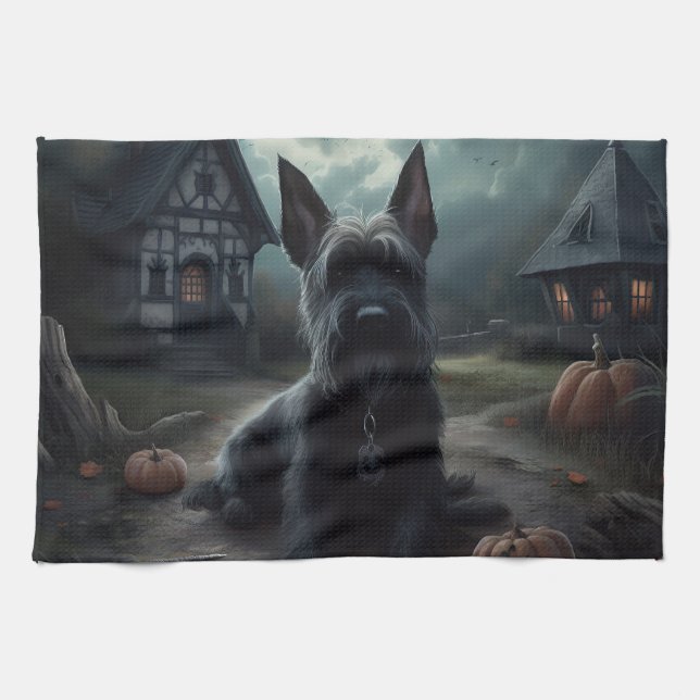 Linge De Cuisine Ecosse Terrier Citrouille Halloween effrayant (Horizontal)
