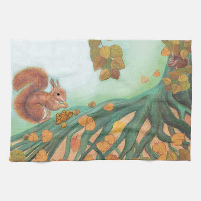 Linge De Cuisine Écureuils mignons mangeant des noisettes Illustrat (Horizontal)