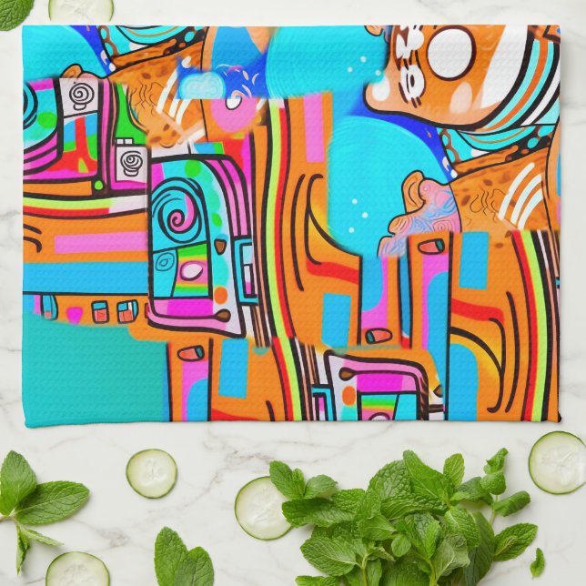 Linge De Cuisine Electric Orange & Cyan Dreams — Abstrait Pop Desig (Plié)