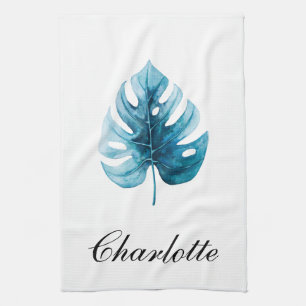 Linge De Cuisine Elégance moderne Aquarelle Monstera Blue Leaf