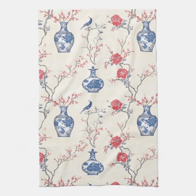Linge De Cuisine Elégance orientale : Porcelaine bleue et fleurs (Vertical)