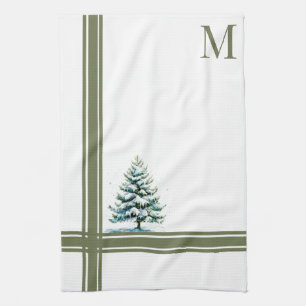 Linge De Cuisine Élégant Aquarelle Aiguille Neige Arbre Monogramme