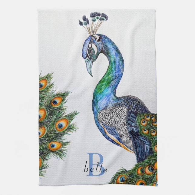 Linge De Cuisine Élégant aquarelle Peacock Monogramme (Vertical)