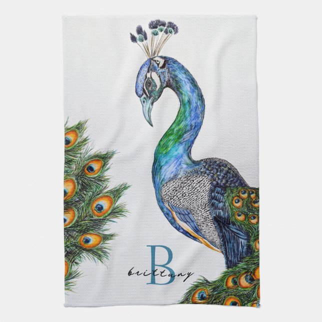 Linge De Cuisine Élégant aquarelle Peacock Monogramme (Vertical)