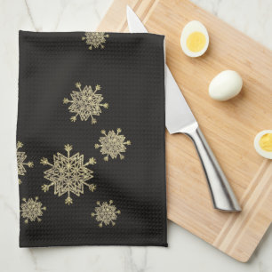 Linge De Cuisine Élégant Black & Gold Snowflakes Noël