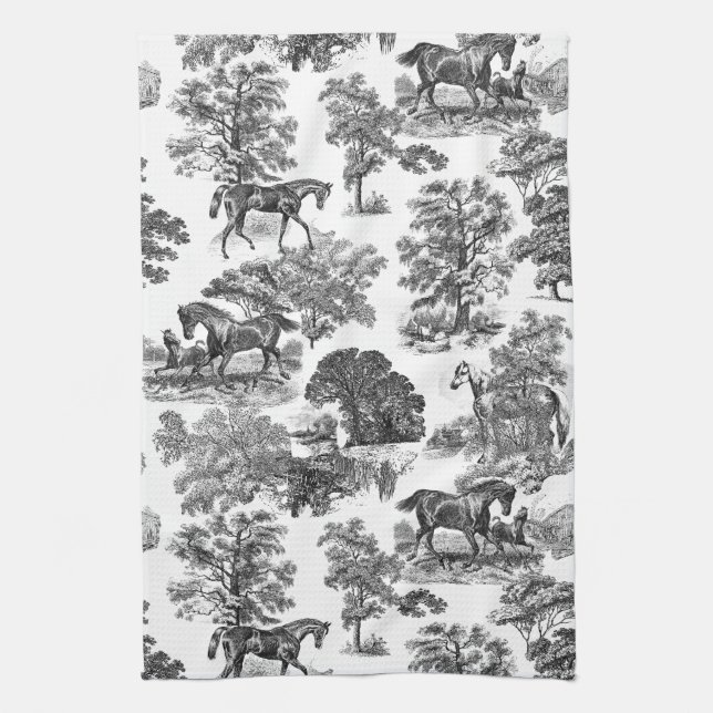 Linge De Cuisine Elégant Black White Rustic Horses Toile (Vertical)