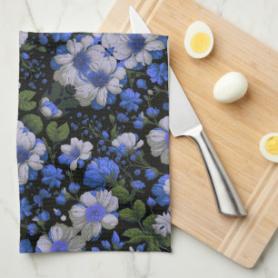 Linge De Cuisine Elégant bleu argenté blanc élégant floral rétro