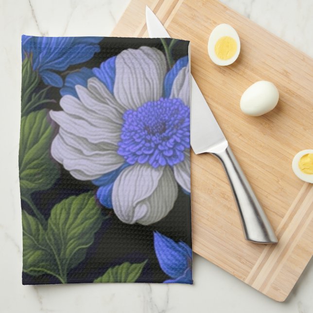 Linge De Cuisine Elégant bleu argenté blanc élégant floral rétro (Quart Plié)