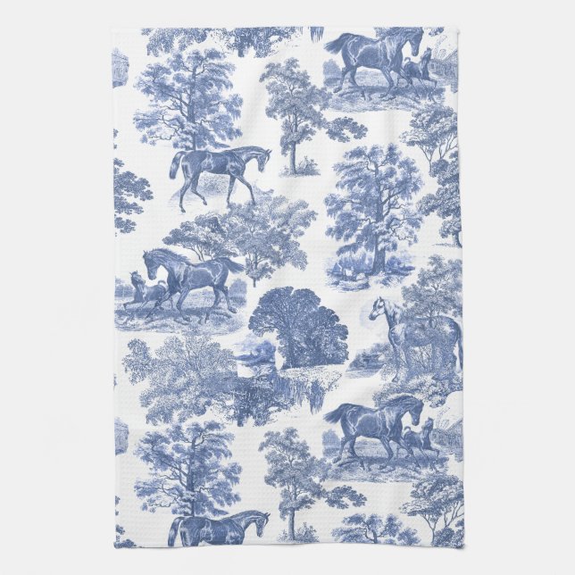Linge De Cuisine Elégant Bleu Blanc Rustique Horses Toile (Vertical)