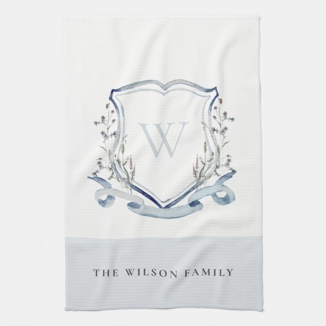 Linge De Cuisine Elégant bleu Fleur sauvage Aquarelle Monogram Cres (Vertical)