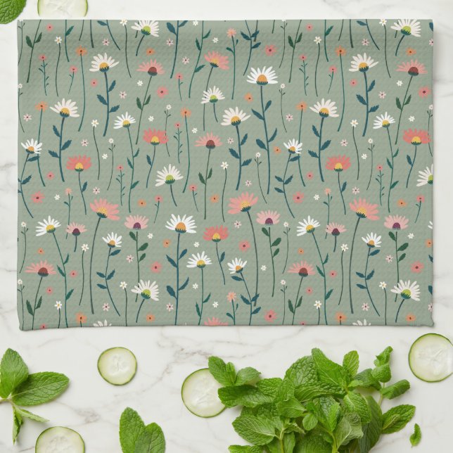 Linge De Cuisine Elégant Boho Fleur sauvage Garden Sage Green (Plié)