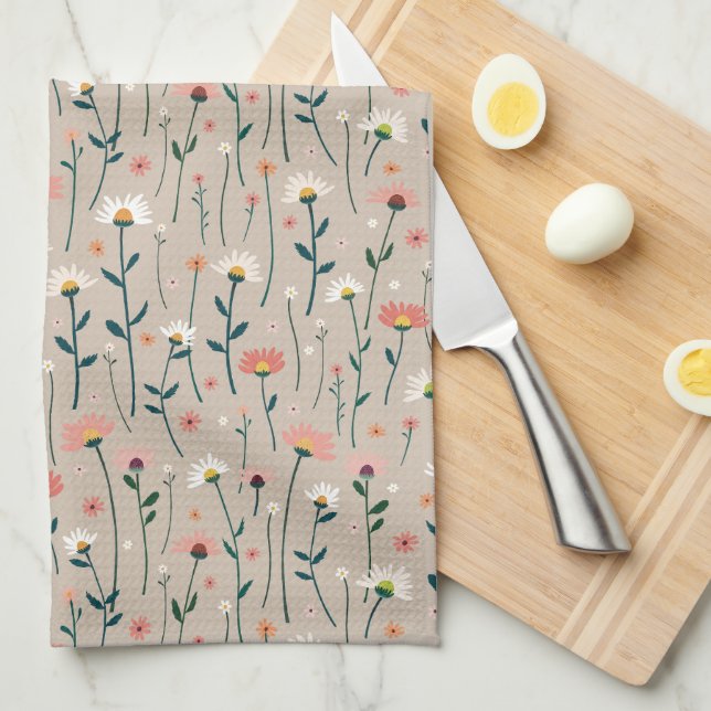 Linge De Cuisine Elégant Boho Fleur sauvage Summer Garden Taupe (Quart Plié)
