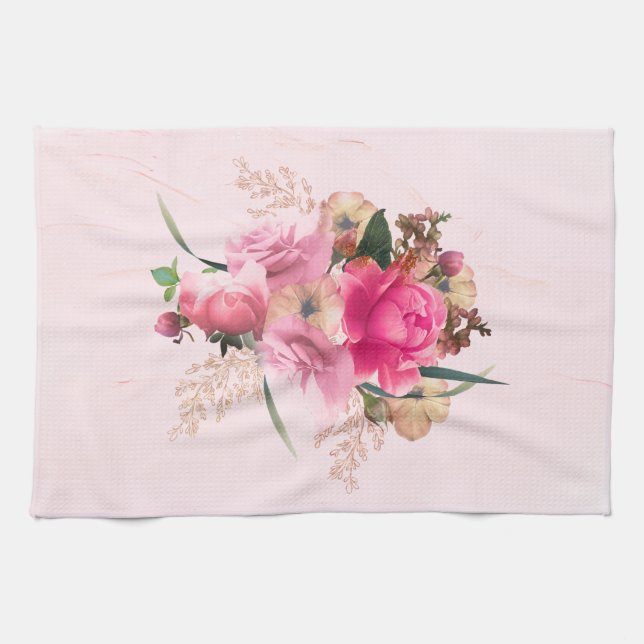 Linge De Cuisine Elégant bouquet rose rose floral or (Horizontal)