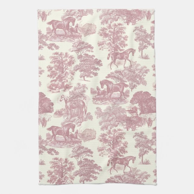 Linge De Cuisine Elégant Chic Rose Rustique Horses Toile (Vertical)