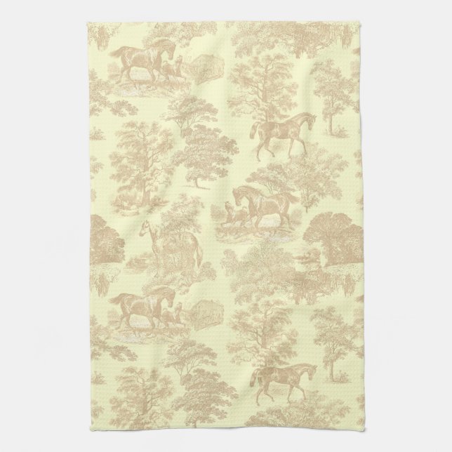Linge De Cuisine Élégant Chic Rustic Horses Toile Beige Crème (Vertical)