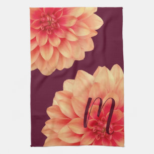 Linge De Cuisine Élégant Dahlias Orange Fleurs Bourgogne Monogram