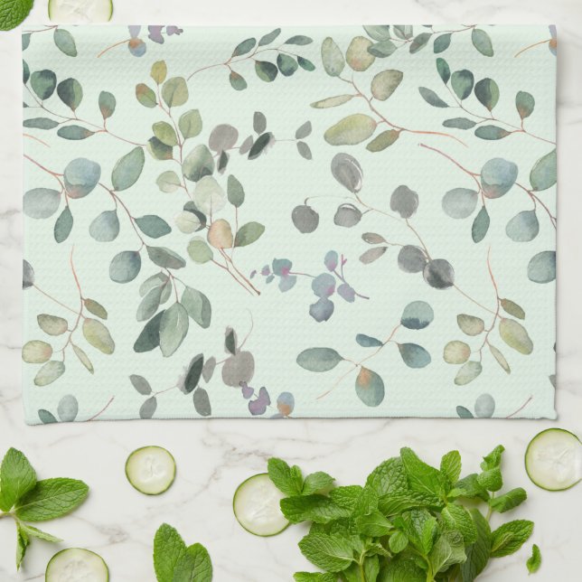 Linge De Cuisine Elégant Eucalyptus Botanique Aquarelle Verdure (Plié)