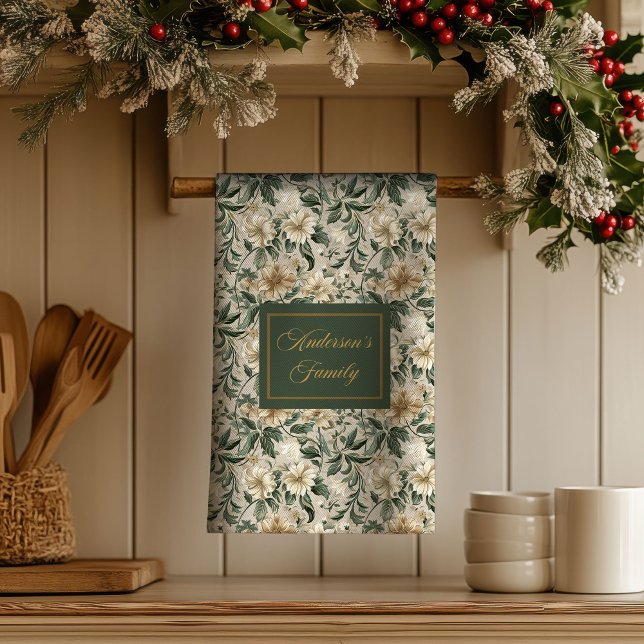 Linge De Cuisine Elegant Floral Art Personalized Green Gold Towel  (Elegant Floral Art Personalized Green Gold Towel )