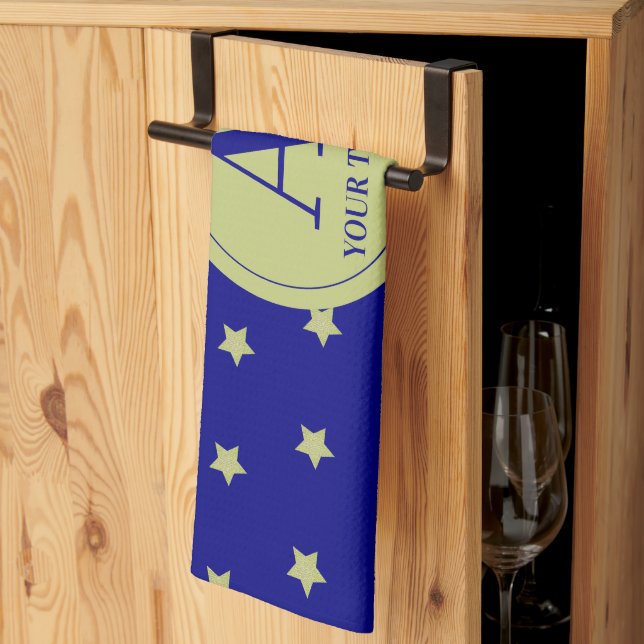 Linge De Cuisine Elegant Gold & Blue Star Pattern Monogram (Pliage en tiers)