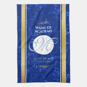 Linge De Cuisine Élégant Graduation Monogramme Bleu Marbre Or Huile