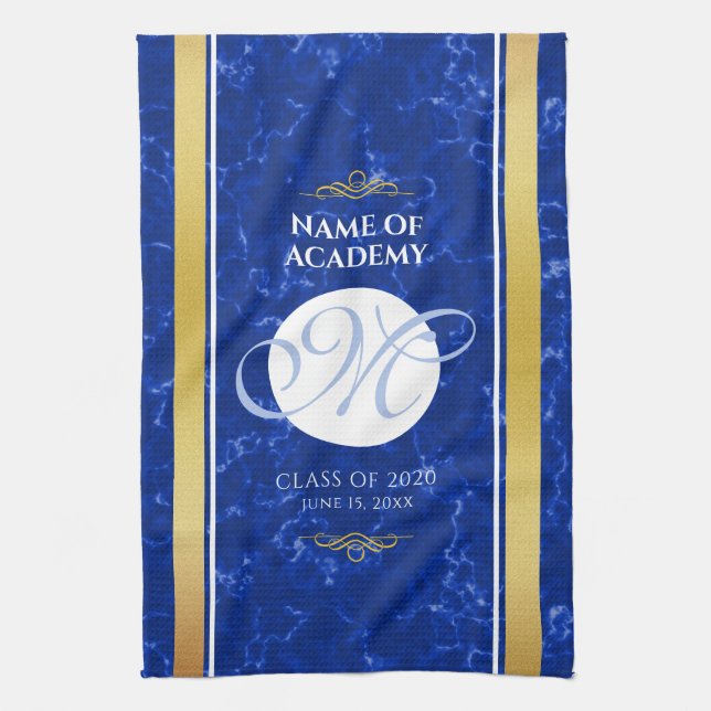 Linge De Cuisine Élégant Graduation Monogramme Bleu Marbre Or Huile (Vertical)