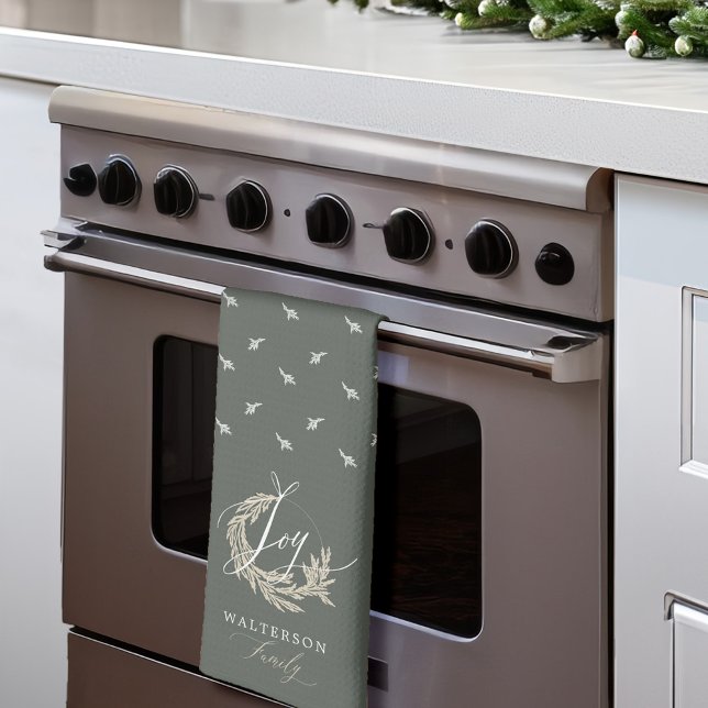 Linge De Cuisine Elegant Joy Calligraphy Garland Wreath Nom de fami (Elegant Joy Calligraphy Garland Wreath Family Name Kitchen Towel (Thirds Fold))