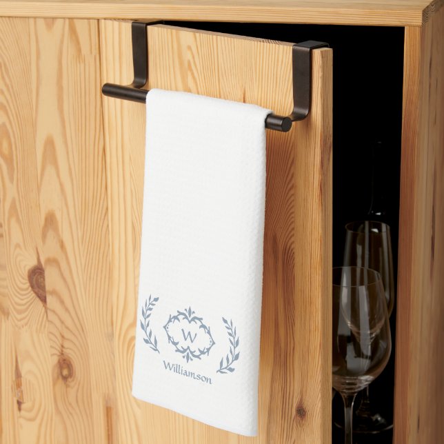 Linge De Cuisine Elégant Laurel Botanique Nom personnalisé Dusty Bl (Pliage en tiers)